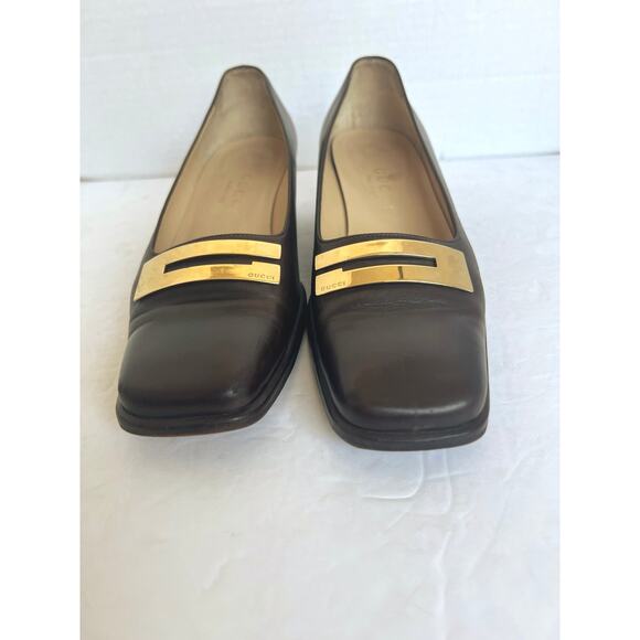 Vintage Gucci Brown Leather Square Toe Gold Plate  Block Low Heel Pumps 6C Wide - Picture 4 of 12